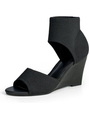 Women's Elastic Knit Peep Toe Black Heels Sandals Slip On Wedges Heels Open Toe